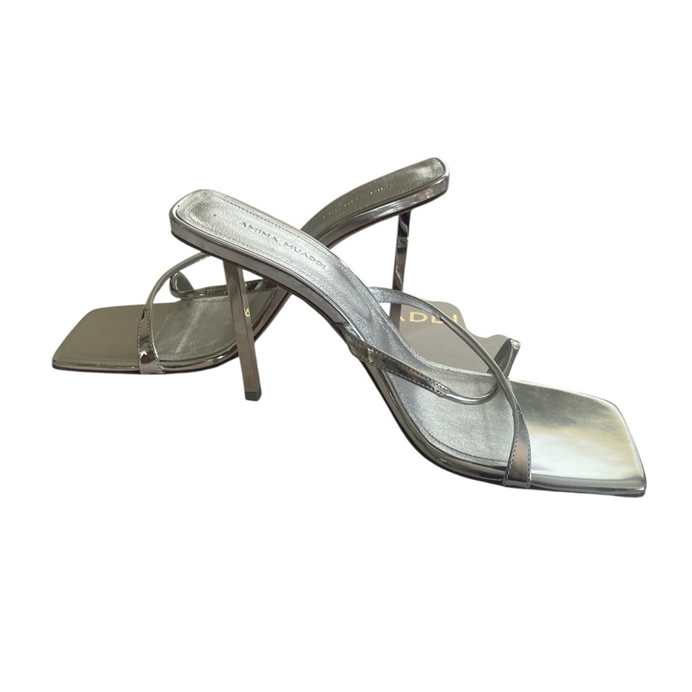 ✨ NEW! Authentic! Amina Muaddi Silver Strappy Heels – Size 38.5 ✨ Mules - Picture 3 of 15